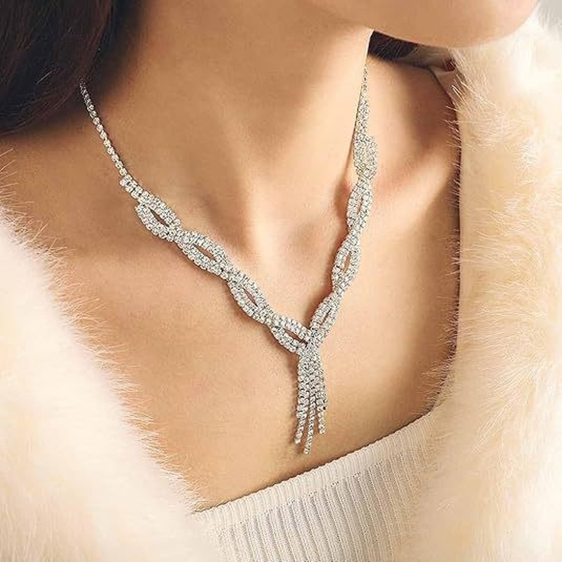 Women's Woven Rhinestone Necklace & Earrings Set